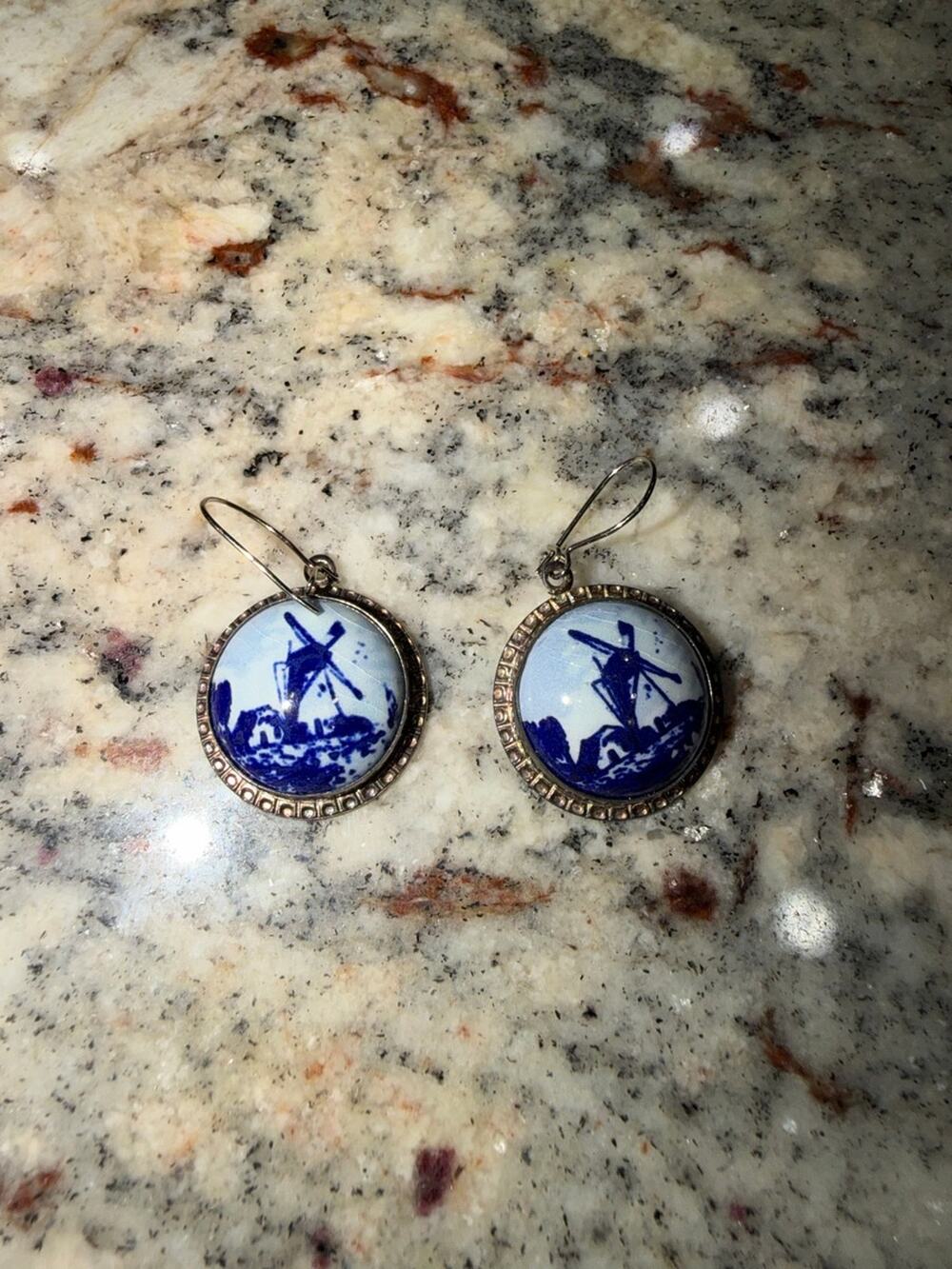 Vintage Delft Style Blue & White Windmill Ceramic Earrings
